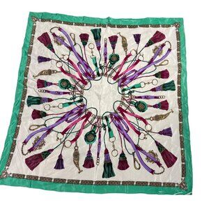 Pola Women's Scarf Silk White Green Tassel Chain Print Shawl Equestrian Square